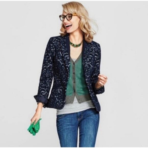 CAbi Size 12 Navy Blue Floral Jacquard Paisley Blazer Button Style Jacket #109 - Picture 1 of 9
